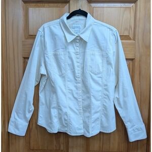 Liz Claiborne Women's XL Top Shirt Snap & Button Front Ivory Long Sleeve Spandex